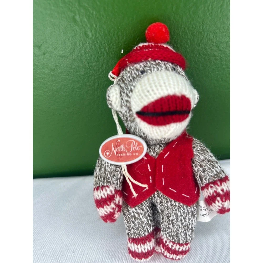 North Pole Trading Co 2011 Sock Monkey Christmas Ornament Red Vest Plush 5 Inch